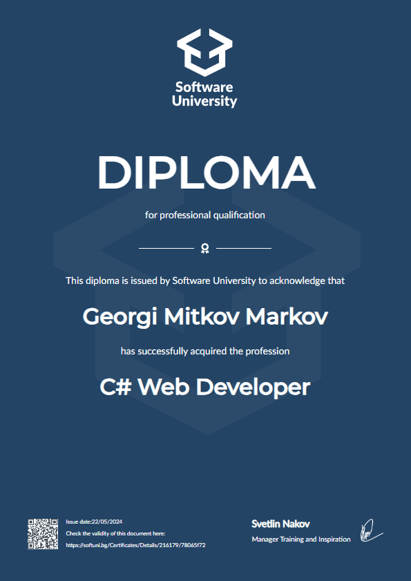 Diploma for C# Web Developer