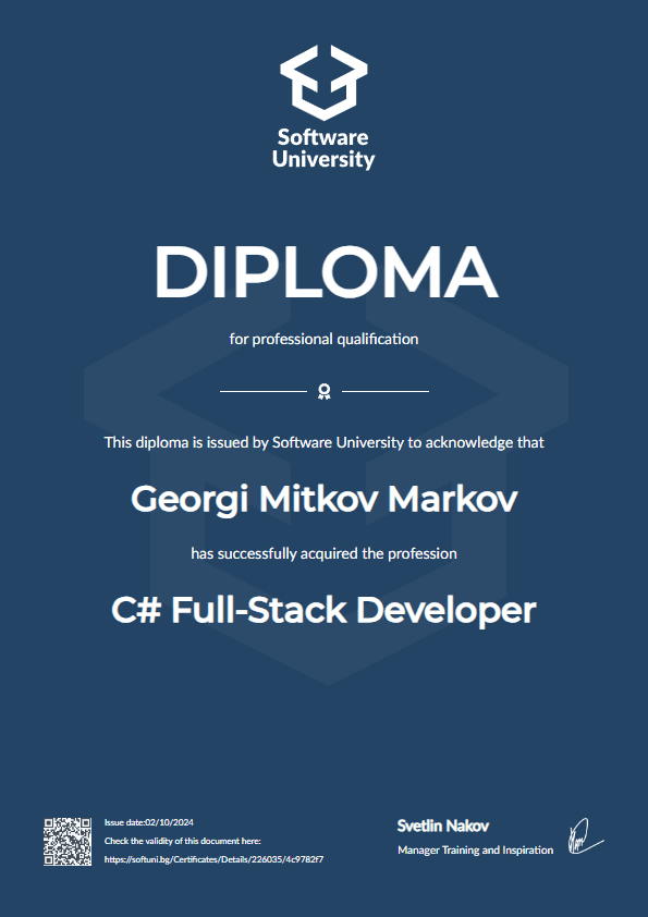 Diploma for C# Full-Stack Developer