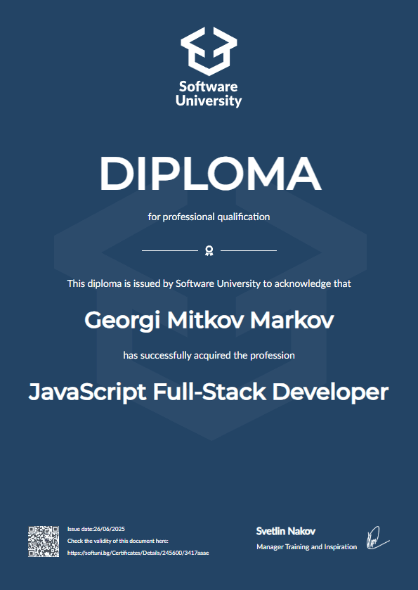 Diploma for JS Full-Stack Developer